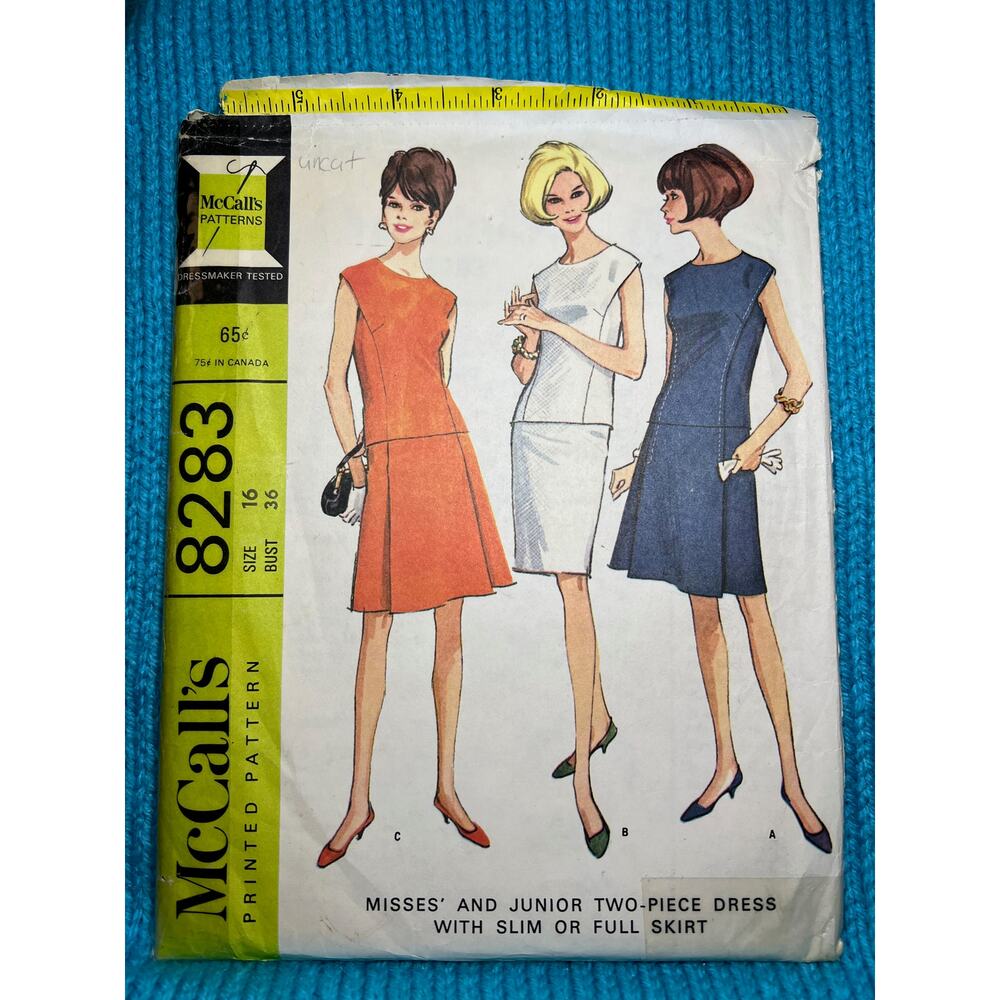 McCalls 8283 Sewing pattern 2 piece dress blouse Skirt A line 1960s mod Size 16